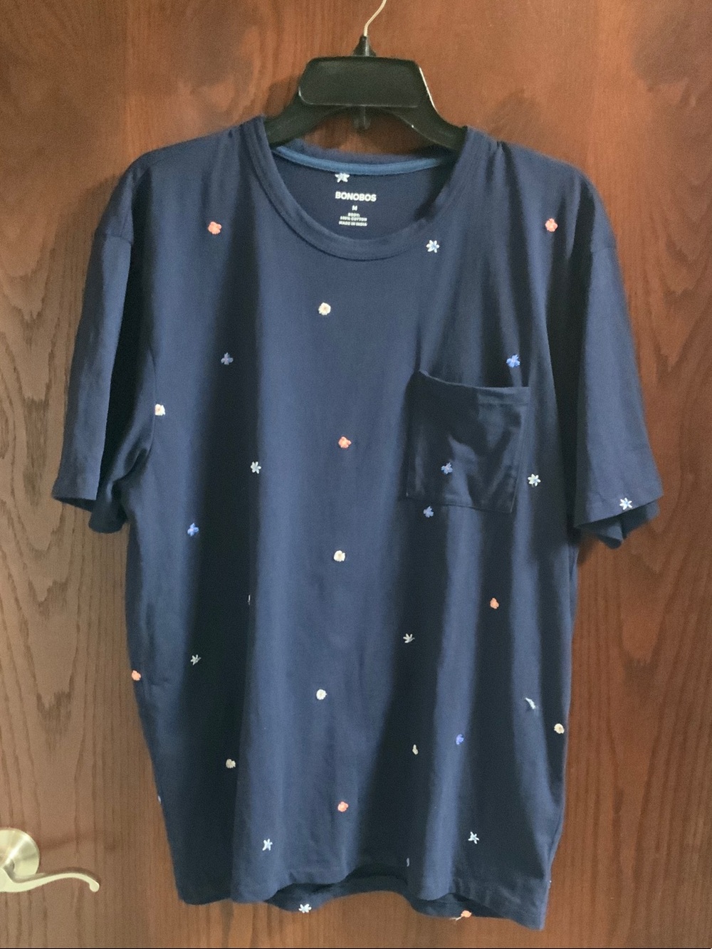 Bonobos Navy Short-Sleeve Pocket Tee with Multicolor Floral Embroidery
